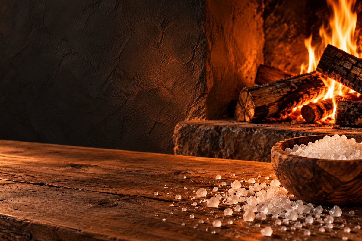 Evening firelight on charcoal plaster, a stone hearth, rustic timber and coarse sea salt