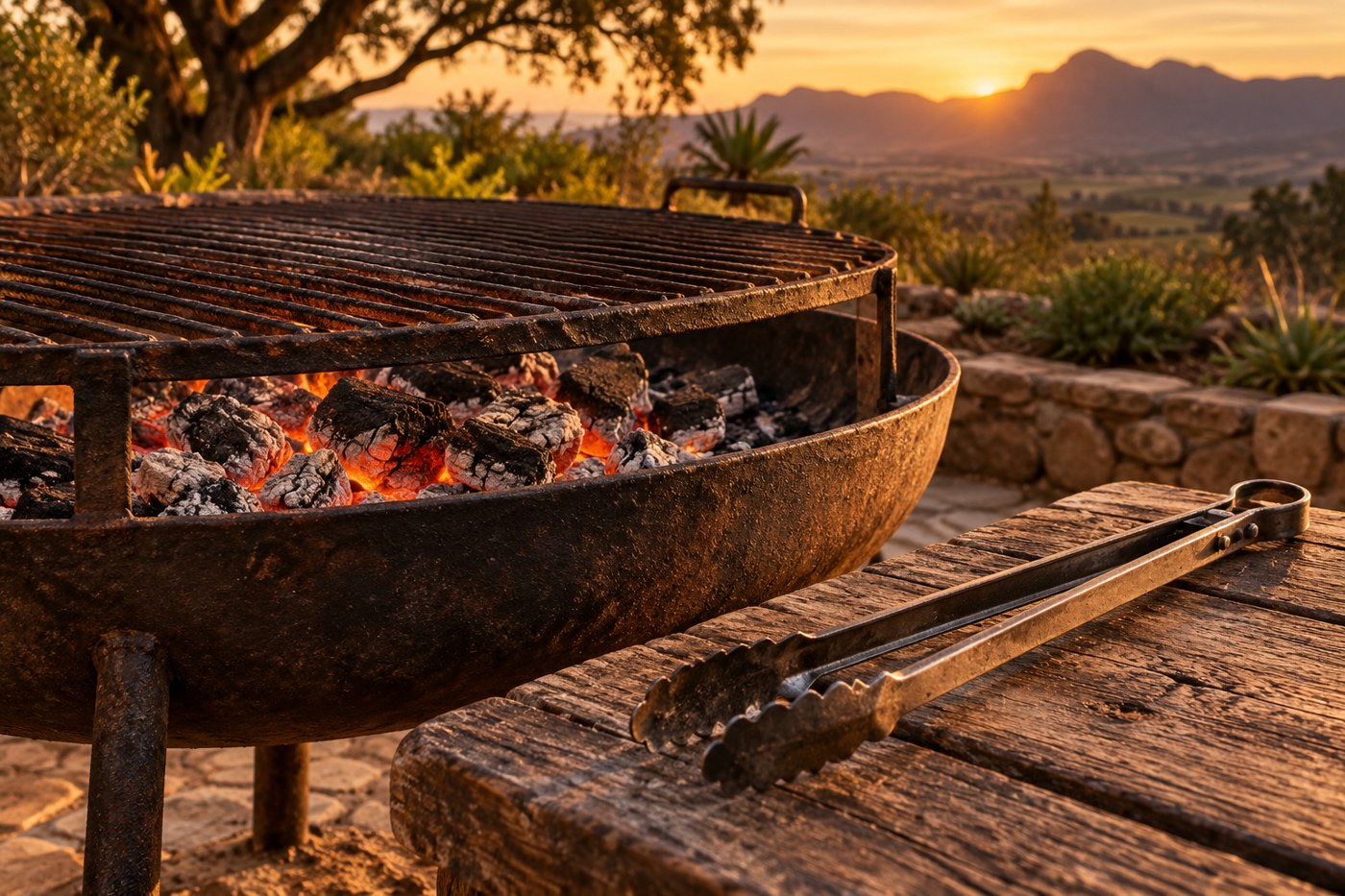 Outdoor braai with glowing embers and steel tongs