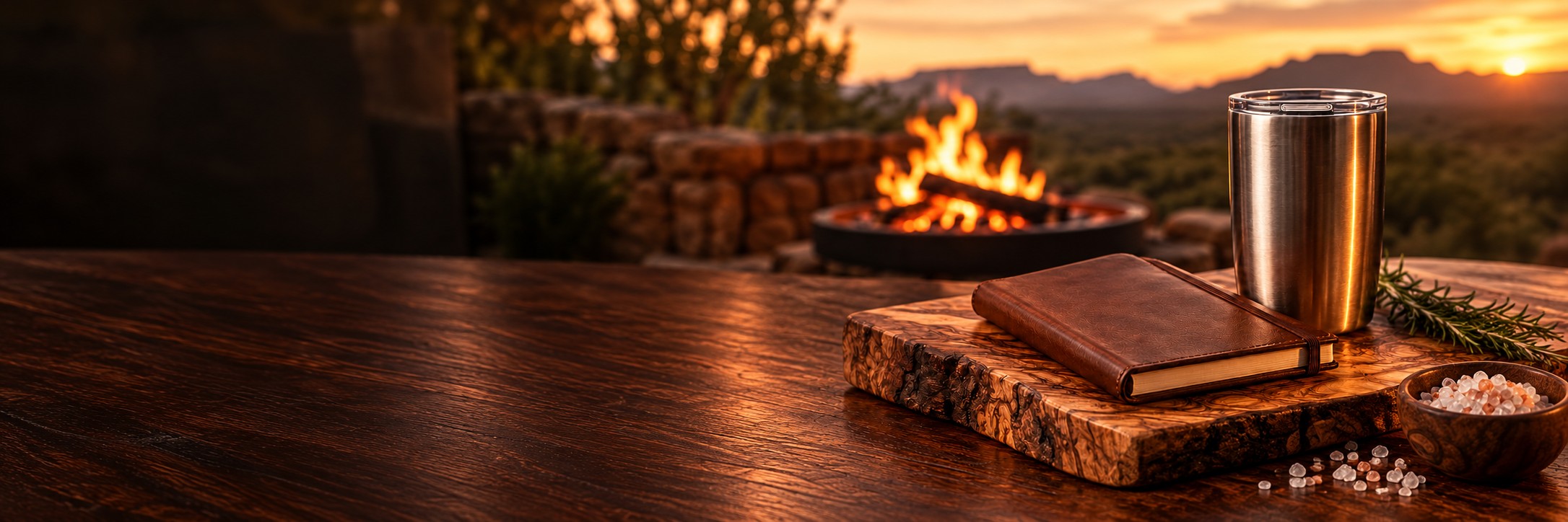 Illustrative gifting scene with a leather notebook, steel tumbler and wooden board beside firelight and coarse salt