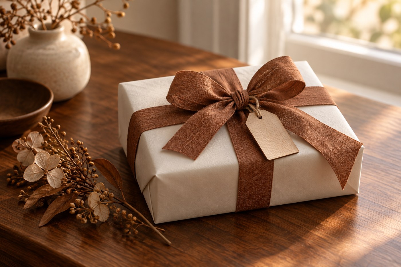 Ivory gift box with copper ribbon and a blank wooden tag