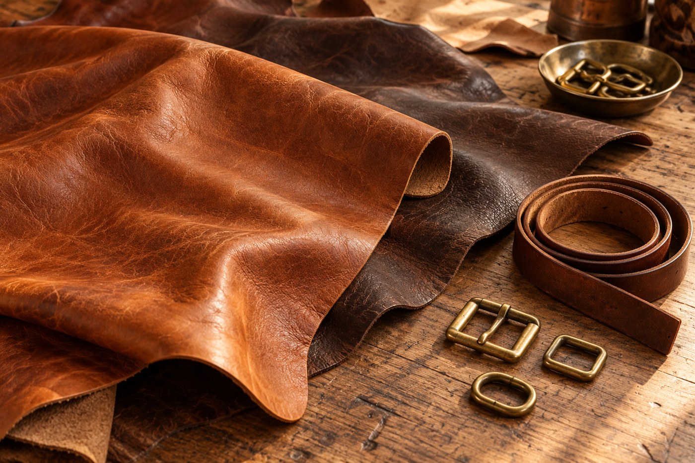 Cognac leather, coiled strap and brass buckles