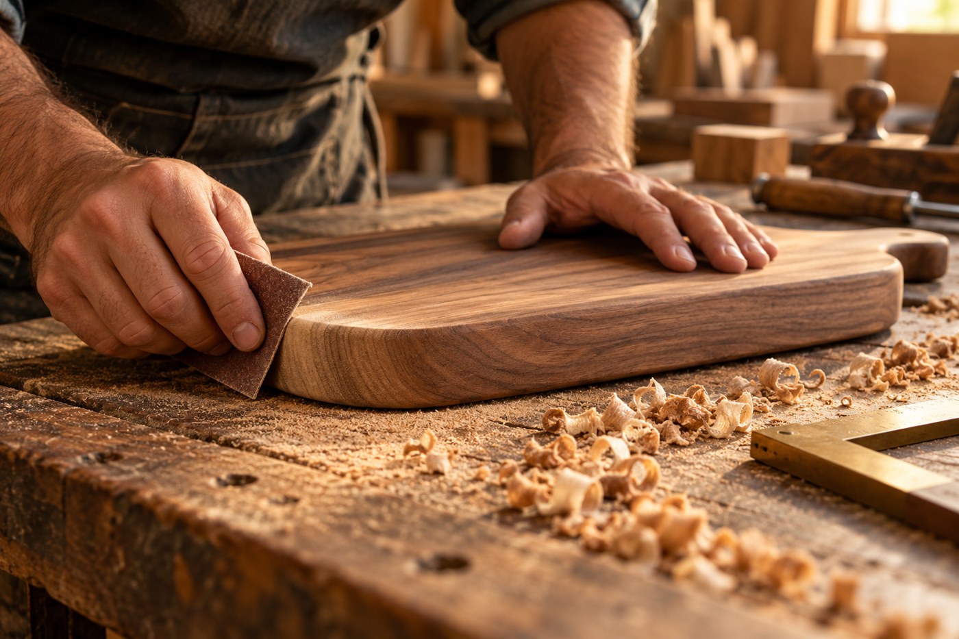 Illustrative close-up of hands sanding a wooden board at a warm workbench