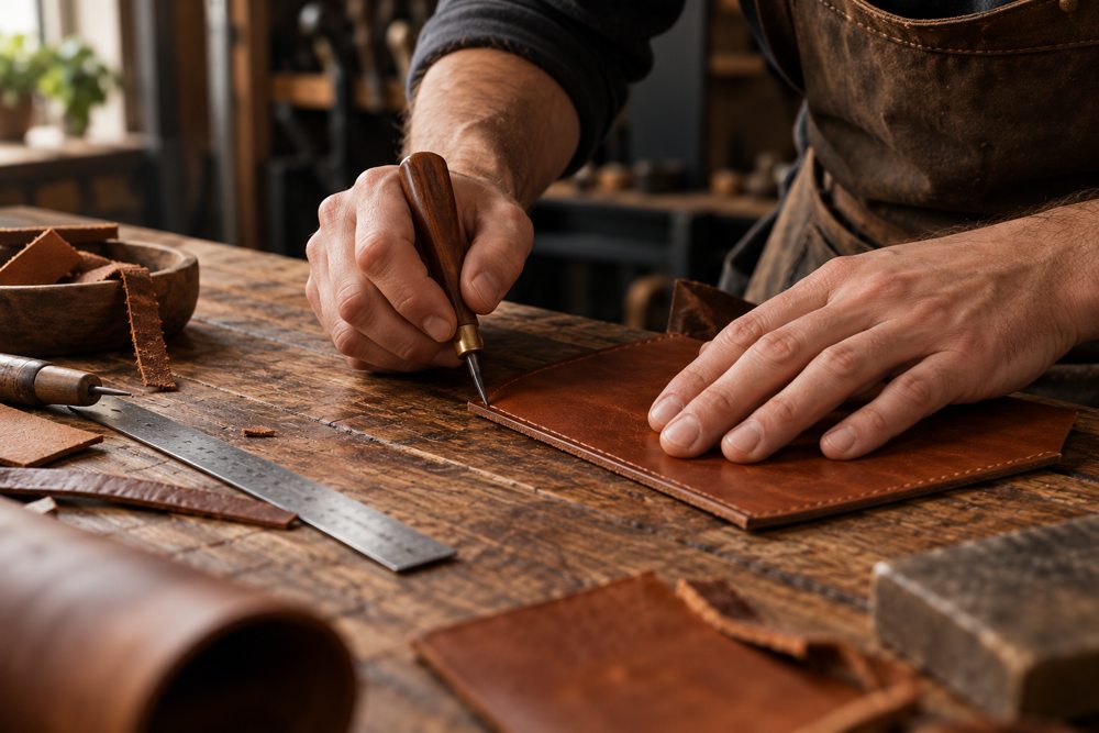Illustrative scene of leather being worked by hand at a wooden workbench
